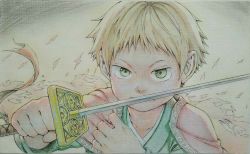 Rule 34 | 1boy, 975bx, blonde hair, capelet, child, close-up, crayon (medium), determined, green eyes, highres, holding, holding weapon, japanese clothes, male focus, original, short hair, solo, sword, traditional media, weapon