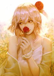 Rule 34 | 1girl, absurdres, arm scrunchie, avocado2o2, blurry, camisole, chromatic aberration, closed mouth, commentary, english commentary, flower, hair flower, hair ornament, hand up, highres, holding, holding flower, jacket, light smile, long hair, looking to the side, nijisanji, nijisanji en, off shoulder, one side up, open clothes, open jacket, pink hair, realistic, red eyes, red flower, red rose, rose, rosemi lovelock, solo, spaghetti strap, upper body, virtual youtuber, white camisole