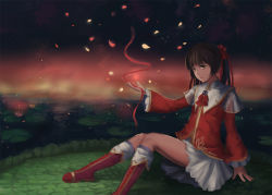 Rule 34 | 1girl, boots, brown eyes, brown hair, cherry blossoms, gradient background, highres, knee boots, lily pad, newnand, ribbon, sangoku musou 1, shin sangoku musou, sitting, solo