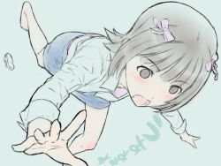 Rule 34 | 00s, 1girl, amami haruka, bad id, bad pixiv id, barefoot, blush, bow, foreshortening, hair bow, idolmaster, idolmaster (classic), idolmaster 1, open mouth, shimano natsume, shoe loss, shoes, unworn shoes, single shoe, sketch, solo, tripping