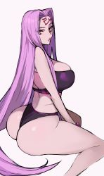 Rule 34 | 1girl, absurdres, arched back, ass, bikini, black bikini, breasts, commentary, ennuigrl, facial mark, fate (series), forehead mark, hair intakes, highres, large breasts, long hair, looking back, medusa (fate), medusa (rider) (fate), purple background, purple hair, simple background, sitting, solo, swimsuit, thick thighs, thighs, very long hair, wariza, yellow eyes