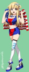 Rule 34 | 1girl, :d, alternate costume, american flag, american flag print, blonde hair, breasts, cleavage, flag print, fletcher (kancolle), full body, green background, grey eyes, hair bun, highres, ifuji shinsen, kantai collection, large breasts, long hair, multicolored clothes, multicolored skirt, navel, open mouth, race queen, side bun, simple background, single side bun, skirt, smile, solo, toes, twitter username