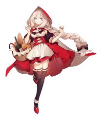 Rule 34 | 1girl, black bow, black thighhighs, blue eyes, bottle, bow, braid, braided ponytail, bread, dress, fate/grand order, fate (series), food, full body, grey hair, heroic spirit festival outfit, highres, little red riding hood, long hair, looking at viewer, marie antoinette (fate), marie antoinette (festival outfit) (fate), no-kan, official alternate costume, red dress, red footwear, red skirt, simple background, single braid, skirt, solo, standing, standing on one leg, thigh strap, thighhighs, very long hair, white background, wine bottle