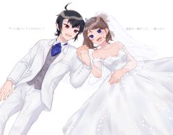 Rule 34 | 1boy, 1girl, absurdres, ahoge, black hair, blue eyes, blue necktie, brendan (pokemon), bridal veil, bride, brown hair, buttons, collarbone, collared shirt, commentary request, creatures (company), dress, game freak, grey vest, hand up, highres, holding hands, jacket, lower teeth only, may (pokemon), necktie, nintendo, off-shoulder dress, off shoulder, open mouth, pants, pokemon, pokemon adventures, red eyes, shirt, short hair, teeth, tongue, translation request, tsukimi (tkm 516), veil, vest, wedding dress, white dress, white jacket, white pants, white shirt