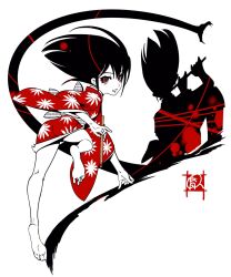 Rule 34 | 1girl, ass, barefoot, black hair, blood, blood stain, different shadow, eyeliner, flute, full body, highres, instrument, japanese clothes, kimono, limited palette, looking at viewer, looking back, makeup, medium hair, onihime (sasuke), print kimono, red eyes, red kimono, sasuke (manga), shadow, short kimono, snake, soles, solo, toes, yamashita ikuto