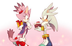 Rule 34 | 1boy, 1girl, blaze the cat, blush, boots, box, cake, dress, food, fruit, furry, furry female, furry male, gift, gift box, gloves, high heels, highres, open mouth, orange eyes, orphisterical, silver the hedgehog, smile, sonic (series), standing, strawberry, strawberry cake, tail, valentine, white gloves