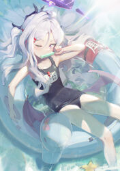 Rule 34 | 1girl, absurdres, afloat, ahoge, blue archive, blue one-piece swimsuit, blush, chromatic aberration, collarbone, commentary, covered navel, demon horns, demon wings, duck innertube, eating, english commentary, feet out of frame, food, grey hair, hair between eyes, hair ornament, hair spread out, hairclip, halo, highres, hina (blue archive), hina (swimsuit) (blue archive), holding, holding food, holding popsicle, horns, innertube, jpg., long hair, looking at viewer, low wings, multiple horns, name tag, old school swimsuit, on innertube, one-piece swimsuit, one eye closed, one side up, popsicle, purple eyes, purple halo, school swimsuit, solo, sunlight, swim ring, swimsuit, whistle, whistle around neck, wings