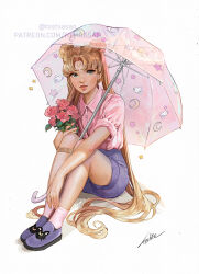 1girl bandaid bandaid_on_leg bishoujo_senshi_sailor_moon blonde_hair blue_eyes blue_shorts closed_mouth commentary crescent crescent_facial_mark double_bun english_commentary eyeshadow facial_mark flower full_body hair_bun highres holding holding_flower holding_umbrella looking_at_viewer makeup mascara pink_shirt shirt short_sleeves shorts signature sitting socks solo toshiasan tsukino_usagi twintails umbrella white_background