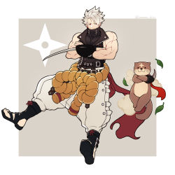 Rule 34 | 1boy, animal, bare shoulders, belt, belt buckle, black eyes, blade, buckle, chipp zanuff, closed mouth, crossed arms, guilty gear, guilty gear strive, highres, leaf, male focus, muscular, nakamura hiro (nobody10ch), otter, red hair, red scarf, scarf, shirt, smoke, solo, tight clothes, tight shirt, twitter username, two-tone background, weapon, weasel, white background, white hair