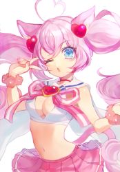Rule 34 | 10s, 1girl, ahoge, animal ears, blue eyes, bow, bracelet, breasts, cat ears, cat tail, hair ornament, heart, jewelry, long hair, midriff, momoshiki tsubaki, nail polish, navel, one eye closed, pink hair, ribbon, rosia (show by rock!!), show by rock!!, skirt, solo, tail, twintails, v, white background
