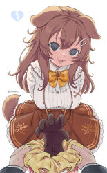 Rule 34 | 1boy, 1girl, @ @, animal ears, arms behind back, black eyes, blouse, bone hair ornament, bow, brown hair, brown skirt, disembodied hand, dog ears, dog girl, dog tail, fangs, frilled skirt, frills, gift, hair between eyes, hair ornament, highres, holding, holding gift, hololive, inugami korone, inugami korone (street), leaning forward, long hair, long sleeves, looking at viewer, open mouth, pov, shirt, simple background, skirt, smile, tail, twitter username, valentine, vinhnyu, virtual youtuber, white background, white shirt, yellow bow
