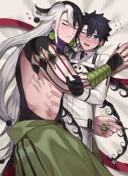 Rule 34 | 2boys, abs, ashiya douman (fate), bell, black gloves, black hair, blue eyes, blush, closed eyes, closed mouth, earrings, embarrassed, fate/grand order, fate (series), fujimaru ritsuka (male), gloves, green nails, hair bell, hair between eyes, hair ornament, heart, highres, hug, jewelry, long hair, long sleeves, lying, magatama, magatama earrings, male focus, multicolored hair, multiple boys, on side, open mouth, pants, red ribbon, ribbon, seum (kao husband), shirt, size difference, sleeping, split-color hair, sweatdrop, very long hair, white pants, white shirt, yaoi