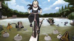 5girls bicycle bird blonde_hair blue_eyes brown_hair bush chicken clumsy_nun_(diva) commentary crocodile_costume diva_(hyxpk) duck duckling english_commentary fake_shark_fin frog_headband froggy_nun_(diva) grey_hair habit highres holding holding_umbrella little_nuns_(diva) multiple_girls nun owl partially_submerged pond rock sheep_nun_(diva) sign spicy_nun_(diva) strict_nun_(diva) sunglasses traditional_nun umbrella warning_sign water