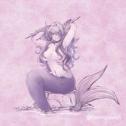 Rule 34 | 1girl, breasts, camilla (fire emblem), curly hair, fins, fire emblem, fire emblem fates, flamingo (eme324), gills, hair over one eye, head fins, highres, large breasts, long hair, looking at viewer, mermaid, monster girl, monsterification, nintendo, ocean, rock, sitting, sitting on rock, smile, solo