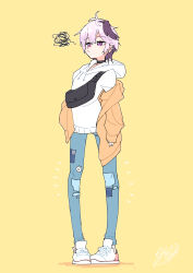 Rule 34 | 1girl, absurdres, animal print, cat print, commentary, denim, earrings, fanny pack, flower (vocaloid), flower (vocaloid4), frown, full body, highres, hood, hoodie, jacket, jeans, jewelry, kinosuke (pattaba), multicolored hair, notice lines, off shoulder, open clothes, open jacket, orange jacket, pants, patchwork clothes, pigeon-toed, purple eyes, purple hair, shoes, short hair, signature, simple background, sleeves past wrists, sneakers, solo, squiggle, standing, streaked hair, vocaloid, white hoodie, white sneakers, yellow background