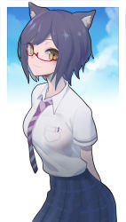 Rule 34 | 1girl, absurdres, animal ears, arms behind back, blue skirt, breasts, cat ears, commentary request, cowboy shot, from side, glasses, highres, looking at viewer, medium breasts, medium hair, necktie, nijisanji, purple hair, red-framed eyewear, semi-rimless eyewear, shirt, shirt tucked in, shizuka rin, short hair, simple background, skirt, smile, solo, st (youx1119), standing, virtual youtuber, white shirt, yellow eyes