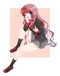 Rule 34 | 1girl, a-chan senpai, black jacket, black socks, blue eyes, bow, brown footwear, brown hair, commentary request, from side, full body, grey skirt, hand on own cheek, hand on own face, highres, index finger raised, jacket, knee up, kneehighs, little busters!, little busters! school uniform, loafers, long hair, long sleeves, looking at viewer, miniskirt, natsuoto rito, one eye closed, open mouth, pink background, pink bow, plaid, plaid skirt, pointing, pointing at viewer, school uniform, shoes, simple background, sitting, skirt, socks, solo, star (symbol), two-tone background, very long hair, wavy hair, white background