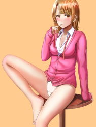 Rule 34 | 10s, 1girl, arm support, bad id, bad pixiv id, barefoot, blush, breasts, brown eyes, brown hair, cardigan, cleavage, feet on table, finger to mouth, isshiki iroha, kkroe, kkyun, long legs, looking at viewer, medium breasts, no pants, orange background, panties, ribbon, school uniform, short hair, sitting, solo, table, underwear, untied, yahari ore no seishun lovecome wa machigatteiru.