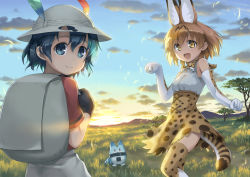 Rule 34 | 10s, 2girls, animal ears, blue eyes, blue hair, bow, bowtie, brown gloves, bucket hat, elbow gloves, feathers, gloves, hat, highres, kaban (kemono friends), kemono friends, looking at viewer, lucky beast (kemono friends), multiple girls, open mouth, orange bow, orange bowtie, orange hair, orange legwear, orange skirt, remiina (reming185), serval (kemono friends), serval tail, short hair, skirt, smile, tail, thighhighs, white bow, white bowtie, white gloves, yellow eyes