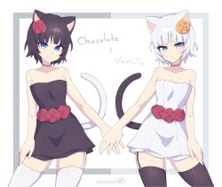 Rule 34 | 2girls, animal ears, artist name, black dress, black hair, black tail, black thighhighs, blue eyes, breasts, cat ears, cat girl, cat tail, character name, chocolate (rabi ribi), choker, closed mouth, commentary, cowboy shot, dress, english commentary, flower, garter straps, hair flower, hair ornament, highres, looking at viewer, medium breasts, multiple girls, nat (coconat003), off-shoulder dress, off shoulder, orange flower, pink choker, rabi-ribi, red flower, short hair, siblings, simple background, sisters, smile, symmetry, tail, thighhighs, twins, vanilla (rabi ribi), white background, white dress, white hair, white tail, white thighhighs