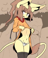 Rule 34 | 1girl, animal ears, black legwear, brown hair, female focus, flat chest, furry, furry female, highres, mouse ears, mouse tail, navel, outdoors, panties, ponytail, solo, tail, the amboina, underwear, upper body, white panties