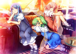 Rule 34 | 3girls, ass, black footwear, blue bow, blue dress, blue eyes, blue hair, blue neckwear, blue skirt, blue vest, bow, bowtie, character request, chima q, commentary request, couch, daiyousei, dress, fairy wings, green eyes, green hair, hair ornament, hand up, head rest, highres, hugging own legs, indoors, knees up, long hair, looking at viewer, mary janes, miniskirt, multiple girls, petticoat, pinafore dress, pink dress, pink eyes, pink hair, puffy short sleeves, puffy sleeves, shirt, shoes, short dress, short hair, short sleeves, side ponytail, skirt, skirt set, sleeveless dress, smile, socks, touhou, vest, white legwear, white shirt, wings