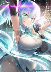 Rule 34 | 1girl, 39, alternate breast size, arm up, armpits, bare shoulders, black skirt, blue eyes, blue hair, breasts, collared shirt, cowboy shot, detached sleeves, grey shirt, hand up, hatsune miku, highres, janyhero, large breasts, long hair, long sleeves, looking at viewer, miniskirt, necktie, panties, pantyshot, pleated skirt, shirt, skirt, sleeveless, sleeveless shirt, smile, solo, tell your world (vocaloid), twintails, underwear, very long hair, vocaloid, white panties