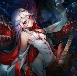 Rule 34 | 1girl, abyssal mediterranean princess, abyssal ship, air bubble, armpits, breasts, bubble, dress, dutch angle, glowing, glowing eyes, guitar, hair between eyes, highres, instrument, kajaneko, kantai collection, long hair, multicolored hair, pale skin, red eyes, red hair, sleeves past wrists, small breasts, solo, streaked hair, underwater, white hair