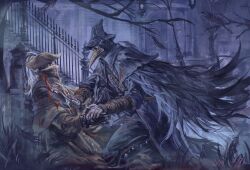 Rule 34 | 1boy, 1girl, baiyeju8, black headwear, blade of mercy, blood, bloodborne, bloody tears, bloody weapon, brown headwear, cloak, coat, covered mouth, door, eileen the crow, feather-trimmed coat, feathers, from side, grass, hat, henryk, highres, holding, holding weapon, kneeling, long coat, long sleeves, mask, night, outdoors, plague doctor mask, stairs, sword, tricorne, weapon