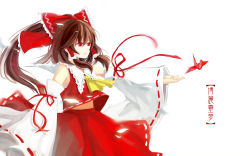 Rule 34 | 1girl, bow, brown hair, character name, detached sleeves, female focus, hakurei reimu, half updo, japanese clothes, long hair, miko, red eyes, saremi, solo, touhou