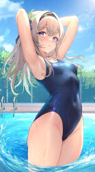 Rule 34 | 1girl, absurdres, armpits, arms behind head, arms up, bare arms, bare shoulders, blue sky, blush, breasts, chain-link fence, commentary request, day, fence, firefly (honkai: star rail), hair between eyes, hair ornament, hairband, highleg, highleg swimsuit, highres, honkai: star rail, honkai (series), long hair, looking at viewer, one-piece swimsuit, outdoors, pool, pool ladder, poolside, purple eyes, school swimsuit, sky, small breasts, solo, standing, swimsuit, thighs, wading, water, wet, yuuichi yuiko