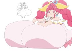 Rule 34 | 1girl, ahoge, alternate breast size, bare shoulders, breast pillow, breasts, chibi, cow girl, cow horns, cure star, dress, earrings, gigantic breasts, hair ornament, hand on own face, highres, horns, hoshina hikaru, jewelry, long twintails, magical girl, open mouth, pink dress, pink eyes, pink hair, precure, sabanotami, self pillow, simple background, smile, star twinkle precure, twintails