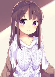 Rule 34 | 1girl, aran sweater, blush, brown background, brown hair, cable knit, chikuwa., collarbone, eyebrows, long hair, looking at viewer, original, purple eyes, sidelocks, simple background, smile, solo, sweater, swept bangs, tareme, two-tone background, upper body, white background
