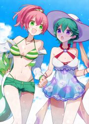 Rule 34 | 2girls, :d, :o, akatsuki no kiseki, bikini, bikini under clothes, blue one-piece swimsuit, blue sky, blush, bracelet, breasts, carrying, carrying under arm, cleavage, cloud, cloudy sky, commentary, criss-cross halter, cropped jacket, day, denim, denim shorts, eiyuu densetsu, eyebrows hidden by hair, feet out of frame, floral print, gradient clothes, gradient swimsuit, green bikini, green hair, green shorts, groin, hair between eyes, hair ornament, hairclip, halterneck, hat, highres, holding, holding hands, holding swim ring, innertube, interlocked fingers, jacket, jewelry, juna crawford, light particles, looking at another, medium breasts, medium hair, multicolored bikini, multicolored clothes, multiple girls, musse egret, nail polish, navel, necklace, off shoulder, official alternate costume, one-piece swimsuit, open clothes, open jacket, open mouth, orange nails, outdoors, pink hair, ponytail, purple eyes, sano (merrymerry), scrunchie, sen no kiseki, short hair, short shorts, shorts, sky, smile, standing, stomach, striped bikini, striped clothes, sun hat, sunlight, swim ring, swimsuit, thighs, torn clothes, torn shorts, unzipped, white headwear, white jacket, white one-piece swimsuit, zipper pull tab