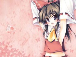 Rule 34 | 1girl, armpits, arms up, ascot, bow, breasts, brown hair, detached sleeves, female focus, frills, hair bow, hair tubes, hakurei reimu, japanese clothes, miko, short hair, sideboob, small breasts, solo, tateha (marvelous grace), touhou, upper body, wallpaper