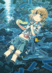 Rule 34 | 10s, 1girl, aqua eyes, bandaid, bandaid on arm, bandaid on face, blonde hair, blue eyes, blush stickers, brown hair, crab, highres, kantai collection, konno takashi (frontier pub), looking at viewer, lying, oboro (kancolle), ofuda, partially submerged, personification, sailor collar, short hair, skirt, smile, solo, water