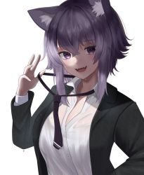 Rule 34 | 1girl, :d, absurdres, alternate costume, animal ears, black jacket, black necktie, blush, breasts, cat ears, cat girl, cat tail, cleavage, collared shirt, crossed bangs, dress shirt, fangs, formal, hair between eyes, hand up, highres, hololive, huge filesize, jacket, long sleeves, looking at viewer, loose necktie, medium breasts, necktie, nekomata okayu, nekomata okayu (oversized shirt), open clothes, open jacket, open mouth, partially unbuttoned, purple eyes, purple hair, shirt, short hair, sidelocks, simple background, smile, solo, suit, tail, tojo aoi, upper body, virtual youtuber, water drop, wet, wet clothes, wet hair, wet shirt, white background, wing collar