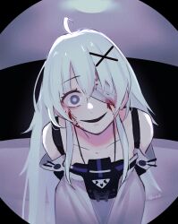 Rule 34 | 1girl, absurdres, ahoge, bandage over one eye, bandages, blood, blood on face, bloody bandages, commentary, detached sleeves, dress, english commentary, evil smile, grey dress, grey hair, grey sleeves, hair between eyes, hair ornament, highres, long hair, no.21: xxi (punishing: gray raven), no.21 (punishing: gray raven), punishing: gray raven, purple eyes, sidelocks, sleeves past fingers, sleeves past wrists, smile, solo, suspenders, tacowo, very long hair, x hair ornament, yandere