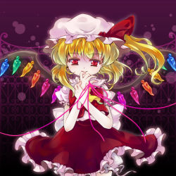 Rule 34 | 1girl, arms up, ascot, blonde hair, bloomers, bow, eyelashes, female focus, flandre scarlet, frills, gate, hand on own face, hat, hat ribbon, iris anemone, looking at viewer, open hand, own hands together, purple background, red eyes, ribbon, shirt, short hair, short sleeves, side ponytail, skirt, smile, solo, standing, string, string of fate, thread, touhou, underwear, vest, wind, wings