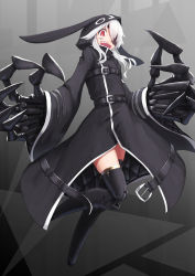 Rule 34 | 1girl, animal ears, claws, coat, cyborg, eyepatch, highres, long coat, long hair, looking at viewer, namacotan, open mouth, original, prosthesis, prosthetic arm, prosthetic leg, rabbit ears, red eyes, trench coat, white hair
