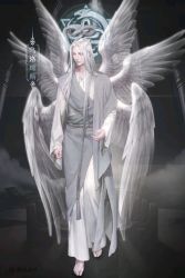 Rule 34 | 1boy, angel, angel wings, barefoot, chair, chinese commentary, commentary request, fog, grey eyes, highres, infinity symbol, long hair, lord of the mysteries, multiple wings, official art, ouroboros (lord of the mysteries), pillar, robe, silver hair, symbol, symbolism, table, translation request, white robe, wings