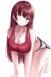 Rule 34 | 1girl, :o, absurdres, all fours, arm support, bare arms, bare legs, bare shoulders, barefoot, blush, breasts, cleavage, crop top, earrings, hair between eyes, heart, heart earrings, heart necklace, heterochromia, highres, hololive, houshou marine, houshou marine (summer), jewelry, large breasts, long hair, necklace, parted lips, red eyes, red hair, shira jun, short shorts, shorts, solo, virtual youtuber, white shorts, yellow eyes