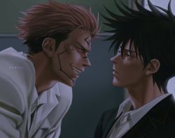 Rule 34 | 2boys, artist name, black hair, black jacket, collared shirt, constantine, constantine (2005), cosplay, dc comics, evil grin, evil smile, extra eyes, fangs, forehead tattoo, formal, fushiguro megumi, green eyes, grin, hair between eyes, hellblazer, highres, indoors, jacket, john constantine, john constantine (cosplay), jujutsu kaisen, looking at another, lucifer (constantine), lucifer (constantine) (cosplay), male focus, marrbl, multiple boys, open clothes, open jacket, pink hair, red eyes, ryoumen sukuna (jujutsu kaisen), shirt, short hair, smile, spiked hair, suit, undercut, upper body, white jacket, white shirt, white suit