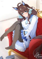 Rule 34 | 1girl, absurdres, ahoge, animal ears, blue eyes, blush, breasts, chair, closed mouth, commentary request, daring tact (umamusume), hair ornament, highres, horse ears, horse girl, horse tail, looking at viewer, medium breasts, medium hair, pantyhose, sho mix illustration, shoes, signature, sitting, smile, solo, star (symbol), star hair ornament, tail, umamusume, unworn shoes