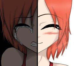 Rule 34 | 1girl, bare shoulders, black background, blush, clenched teeth, closed eyes, commentary, crying, english commentary, highres, i&#039;m fine (meme), meme, orange hair, panda-chan164, red shirt, shirt, short hair, smile, solo, split theme, tears, teeth, white background