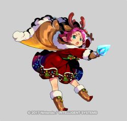 Rule 34 | 1girl, antlers, bell, boots, bow, brown gloves, cape, company name, copyright name, dress, facial mark, fae (fire emblem), fire emblem, fire emblem: the binding blade, fire emblem heroes, forehead mark, full body, fur trim, gloves, green eyes, grey background, himukai yuuji, horns, leg up, long sleeves, nintendo, official art, open mouth, outstretched arm, pointy ears, purple hair, reindeer antlers, short hair, simple background, solo