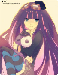 Rule 34 | 10s, 1girl, bad id, bad pixiv id, blue eyes, colored inner hair, female focus, goggles, goggles on head, hat, honekoneko (psg), laolaolao5, long hair, multicolored hair, panty &amp; stocking with garterbelt, purple hair, smile, solo, stocking (psg), striped clothes, striped thighhighs, stuffed animal, stuffed toy, thighhighs