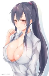 Rule 34 | 10s, 1girl, 2017, black hair, blouse, breasts, cleavage, collarbone, covered erect nipples, dated, hair between eyes, hair over shoulder, highres, kantai collection, large breasts, lips, long hair, looking down, ponytail, sakiryo kanna, shirt, sidelocks, sleepy, solo, unbuttoned, upper body, very long hair, white shirt, yahagi (kancolle)