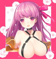 Rule 34 | 10s, 1girl, blush, breasts, claws, fate/extra, fate/extra ccc, fate (series), floral background, hair ribbon, heart, large breasts, long hair, looking at viewer, munuko, o-ring, o-ring top, open mouth, passionlip (fate), pink background, pink eyes, purple hair, purple ribbon, revealing clothes, ribbon, solo, tears, upper body, wavy mouth