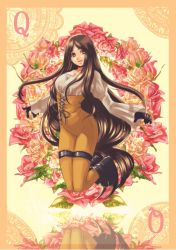 Rule 34 | 00s, 1girl, bodysuit, boots, brown eyes, brown hair, card, doily, final fantasy, final fantasy ix, flower, garnet til alexandros xvii, gloves, holixholi, jewelry, kneeling, long hair, low-tied long hair, necklace, parted bangs, playing card, reflection, ribbon, rose, skin tight, solo, square enix, thigh strap, very long hair